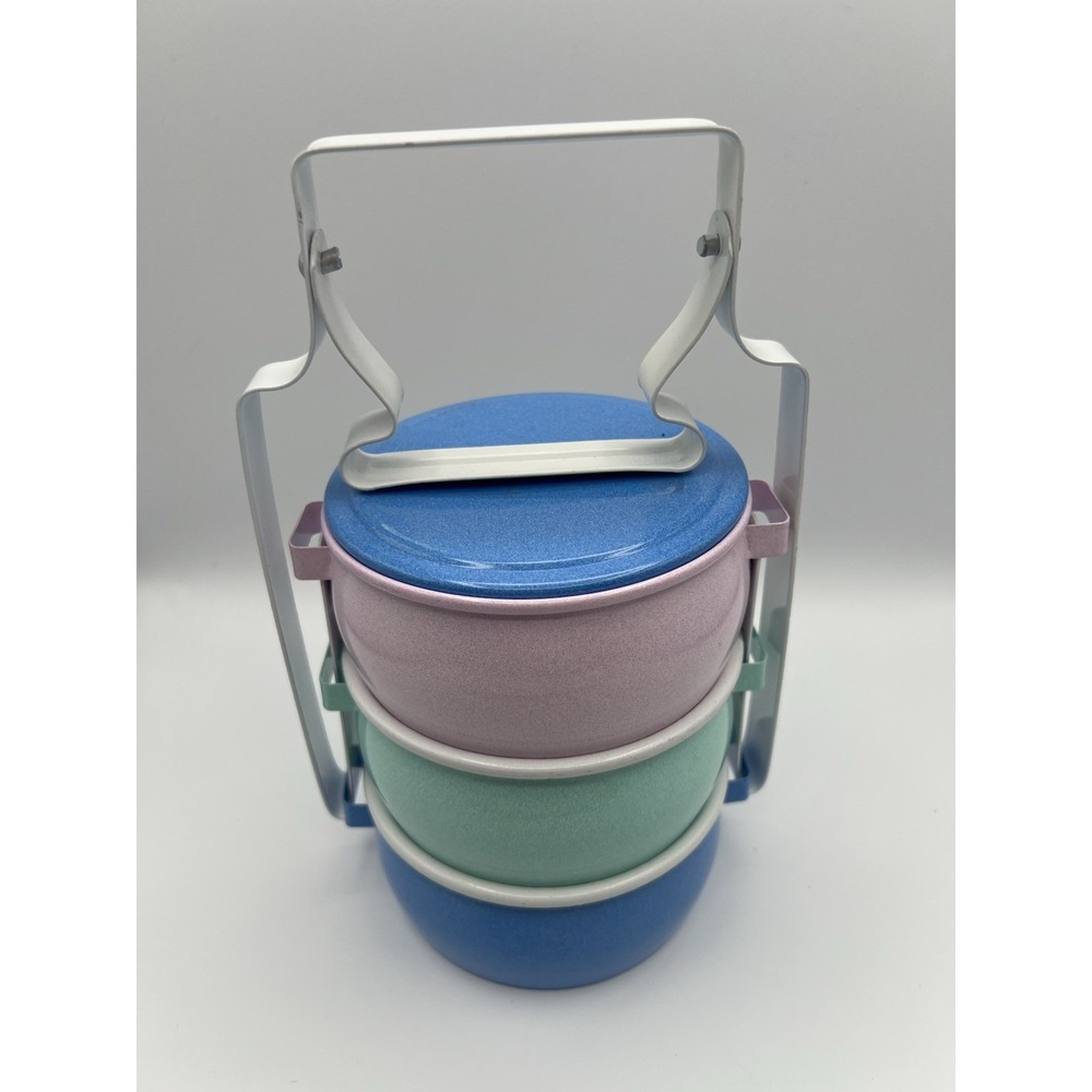 Thai Tradition Enamelware Food Carrier Small Pinto 3 Stacks Bento Tiffin Blue